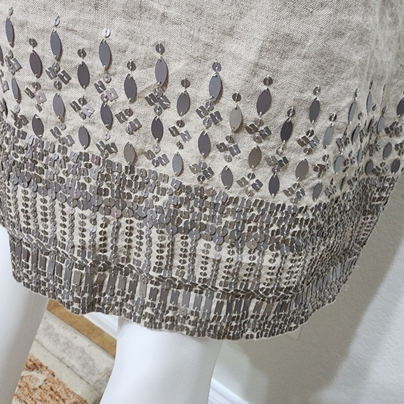 EILEEN FISHER Organic Linen Dress Sequin  Natural Tan Silver Khaki Size 8 - Picture 7 of 15